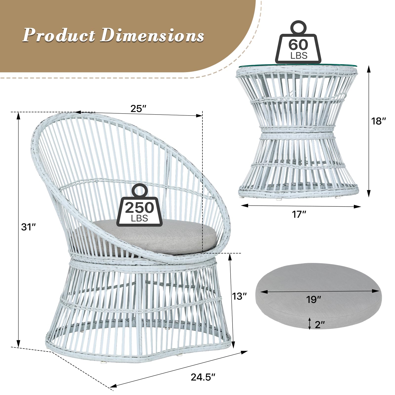 Athena Collection Outdoor Patio Furniture Set Wicker Bistro Set, 3 Piece Conversation Set All-Weather PE Rattan Chairs with Seat Cushions & Glass Table for Porch, Backyard, Beige - WoodArtSupply