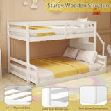 KOMFOTT Wood Twin Over Full Low Bunk Bed with Storage Staircase, Wooden Bunk Bed Frame with Full-Length Guardrails, Low Profile Bunk Bed with Slats Support, No Box Spring Needed (White) KOMFOTT