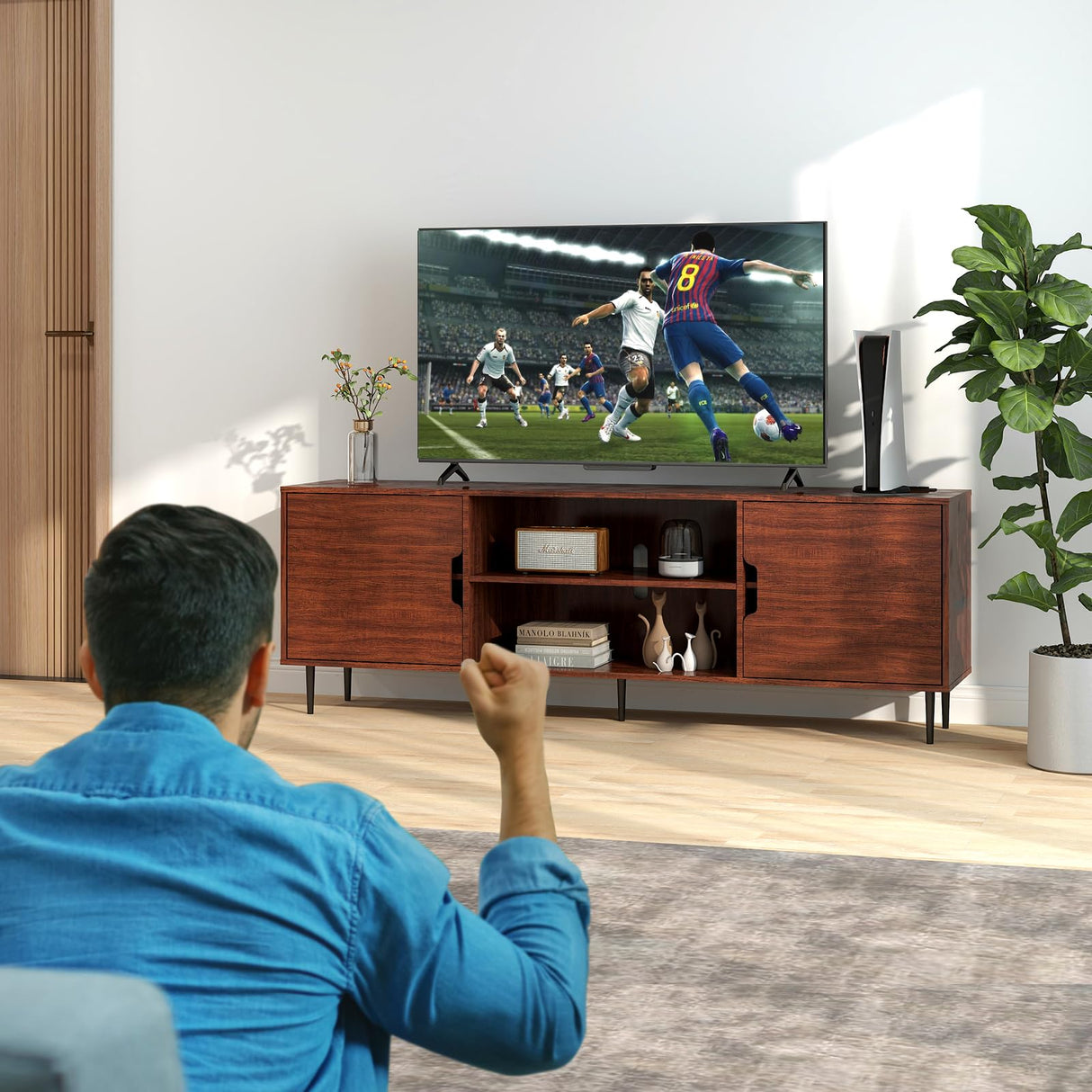 Redkey TV-Stand for Living Room - Mid Century Modern TV Stand with 3AC Outlets, Farmhouse Television Stands for 70 75 80 Inch TVs - Adjustable Shelf Height - Large Space Capacity - Reddish Brown Redkey