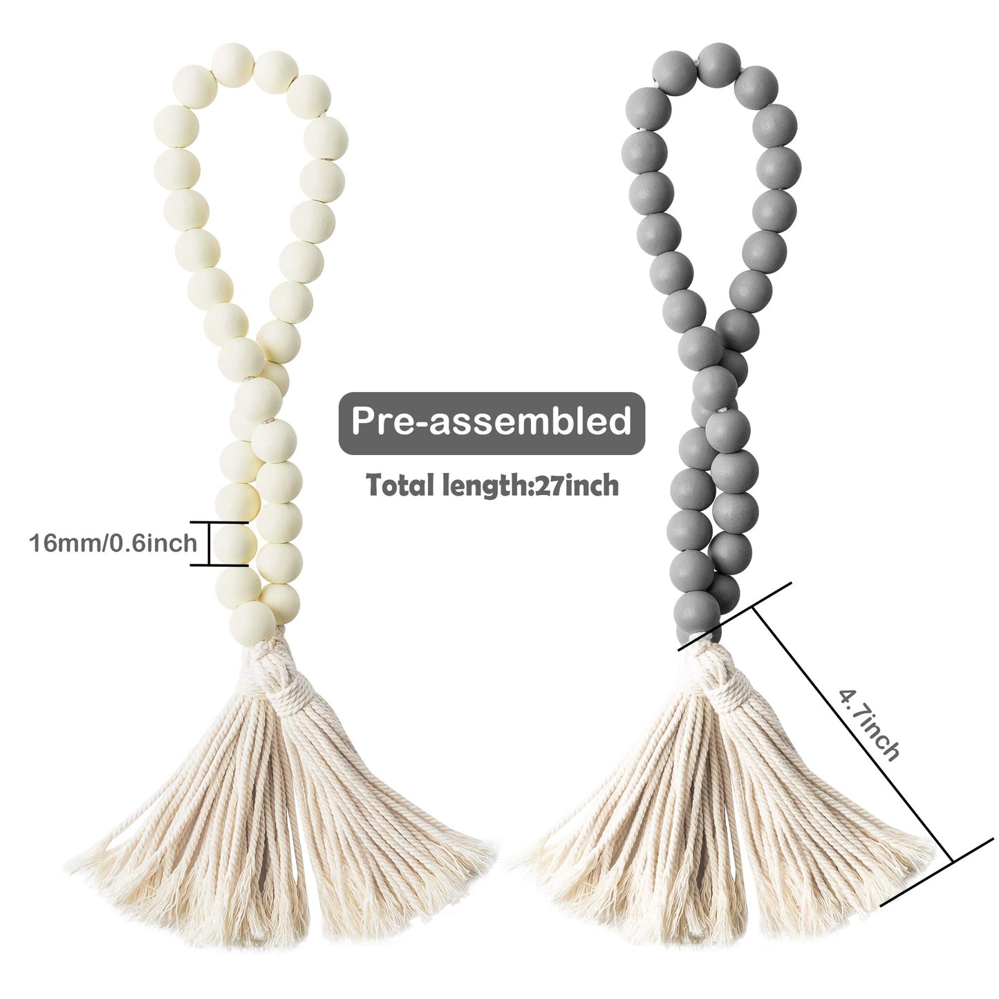 R HORSE 2Pcs Classic Wood Beads Tassel, 27 Inch White & Gray Wood Bead Garland Farmhouse Rustic Beads with Jute Rope Plaid Tassel Natural Wood Beads for Christmas Home Décor