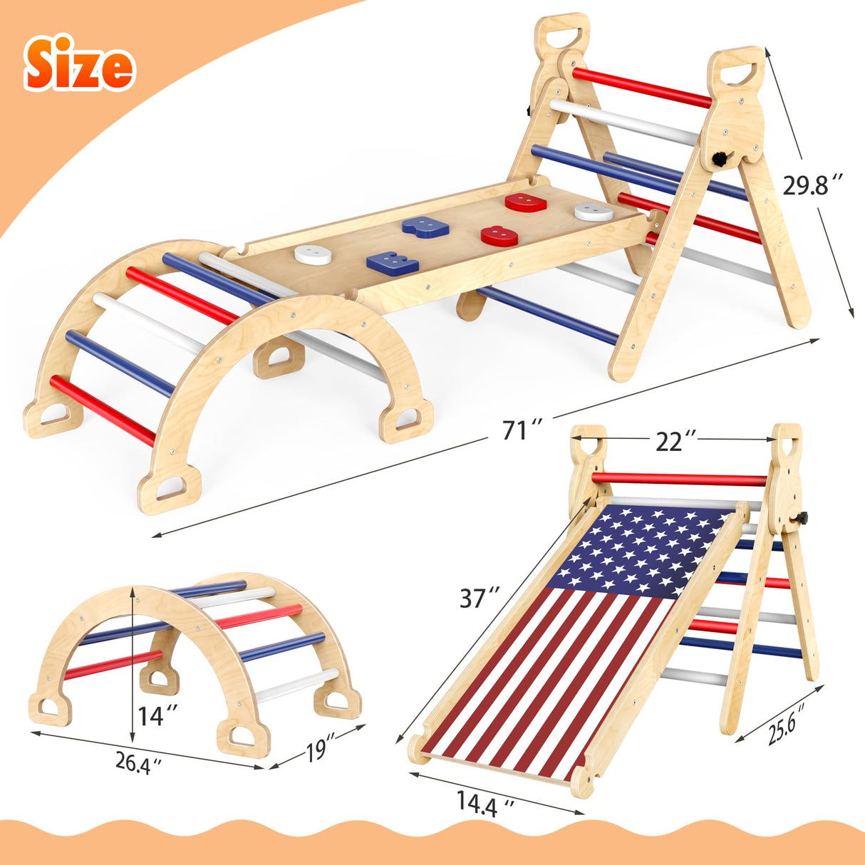 Xickboke Pikler Triangle Set Flag Style, Wooden Montessori Climbing Set,Foldable Pickler-3-Piece Climbing Gym with Triangle Climbing Frame, Arch, Ramp, Indoor Climbing Toys for Children Aged 1-3 Xickboke