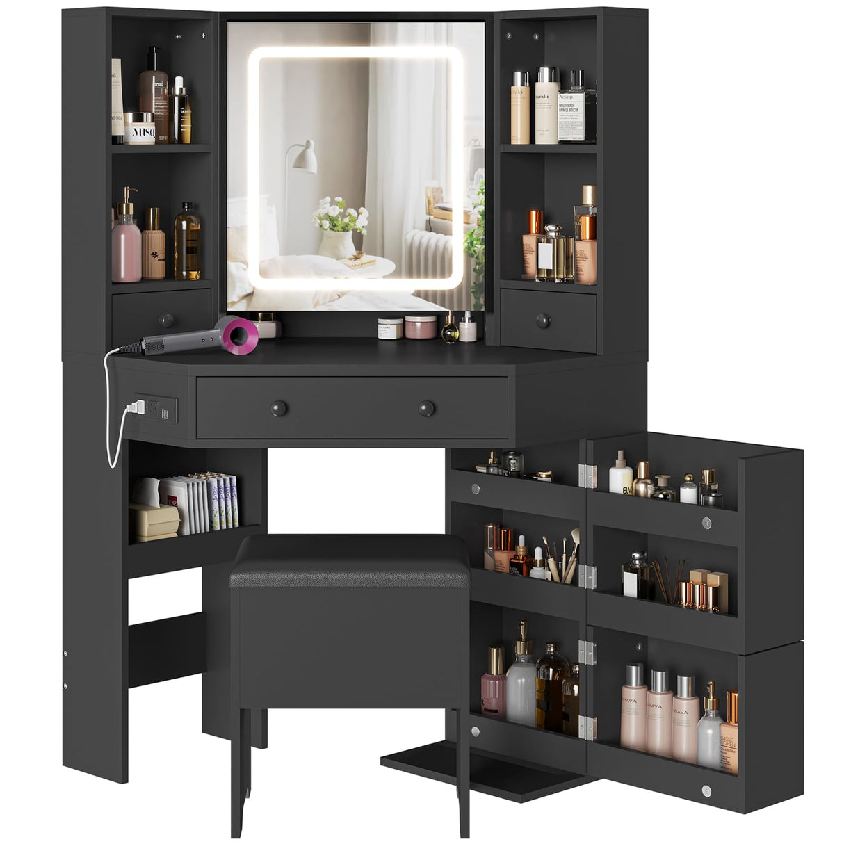 BTHFST Corner Vanity Desk with Lighted Mirror, Makeup Vanity with Lights and Charging Station, Vanity Set with Mirror and Storage Stool, Makeup Table with Drawers, Rotating Shelves, Black BTHFST