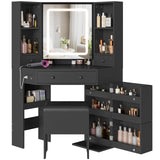 BTHFST Corner Vanity Desk with Lighted Mirror, Makeup Vanity with Lights and Charging Station, Vanity Set with Mirror and Storage Stool, Makeup Table with Drawers, Rotating Shelves, Black BTHFST