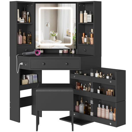 BTHFST Corner Vanity Desk with Lighted Mirror, Makeup Vanity with Lights and Charging Station, Vanity Set with Mirror and Storage Stool, Makeup Table with Drawers, Rotating Shelves, Black BTHFST
