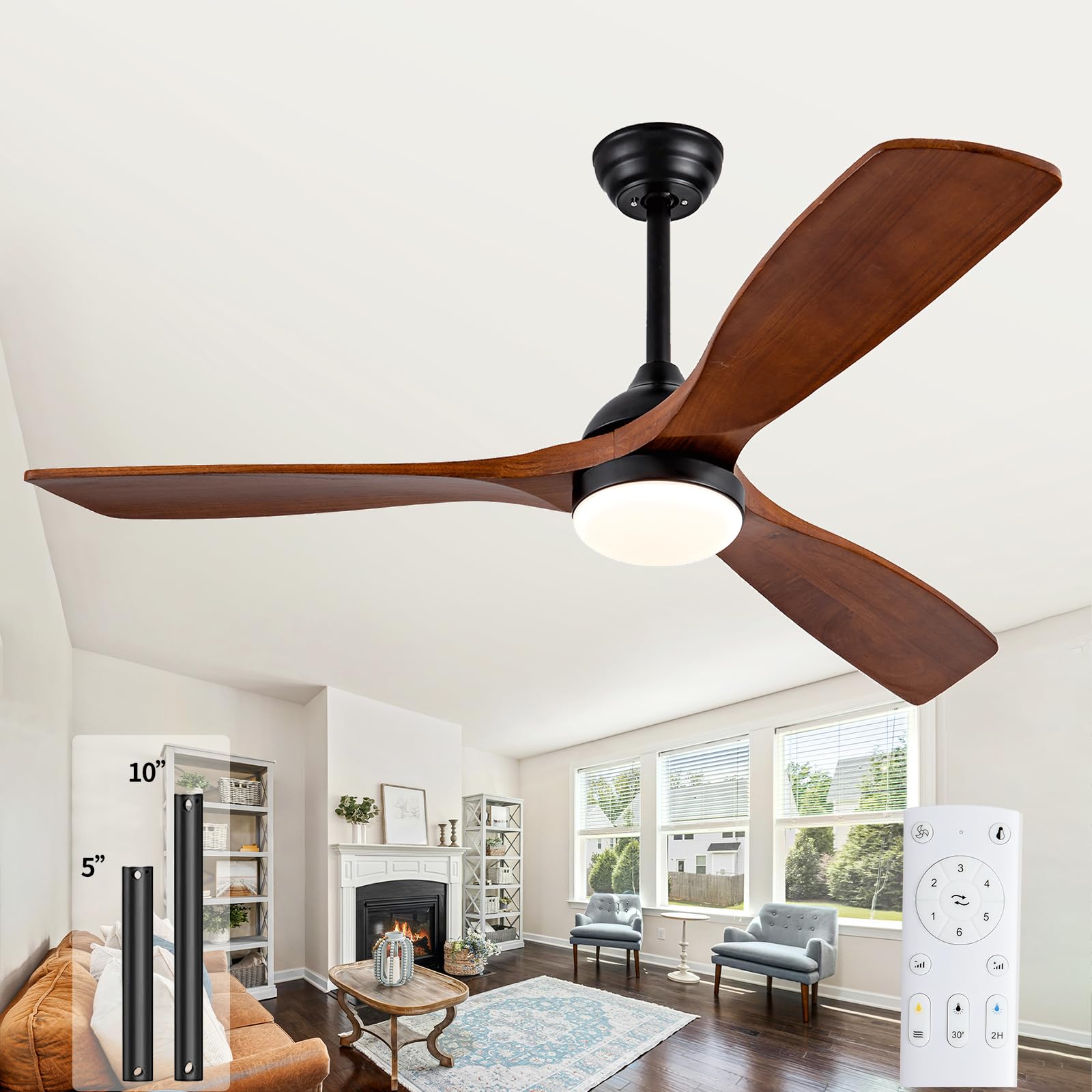 KATSTLE 52 Inch Dimmable Ceiling Fan with Light Remote Control, 3 Blades Walnut Propeller Wood Ceiling Fan,Quiet Modern Ceiling Fan for Indoor,Outdoor,Bedroom,Living Room,Farmhouse,Patio - WoodArtSupply