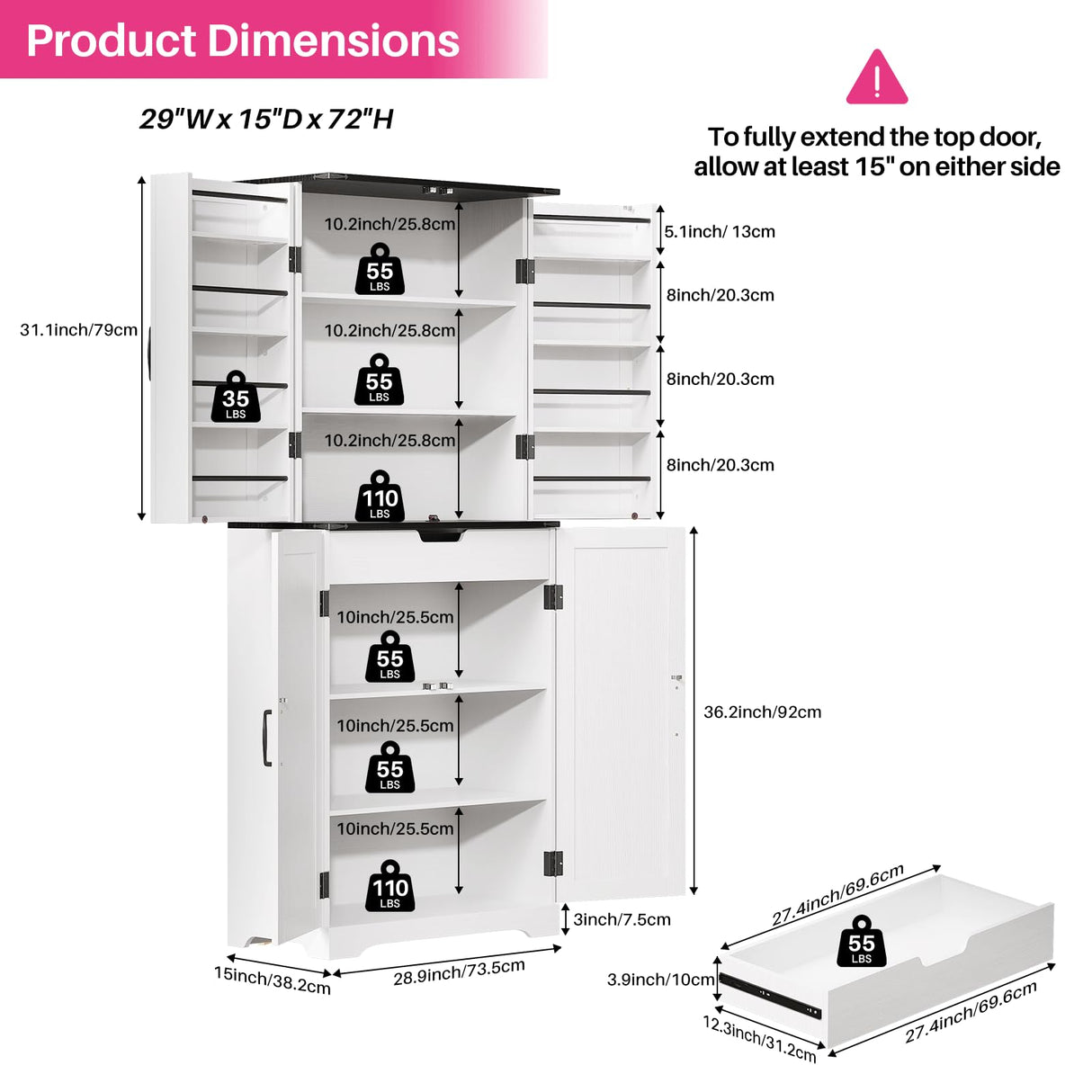 Redlife 72" Tall Kitchen Pantry, Farmhouse Storage Cabinet with Barn Doors, Tall Food Pantry with Doors, Rustic Wood Cupboard for Kitchen, Dining Room, Bathroom (White) Redlifeᅟᅠ