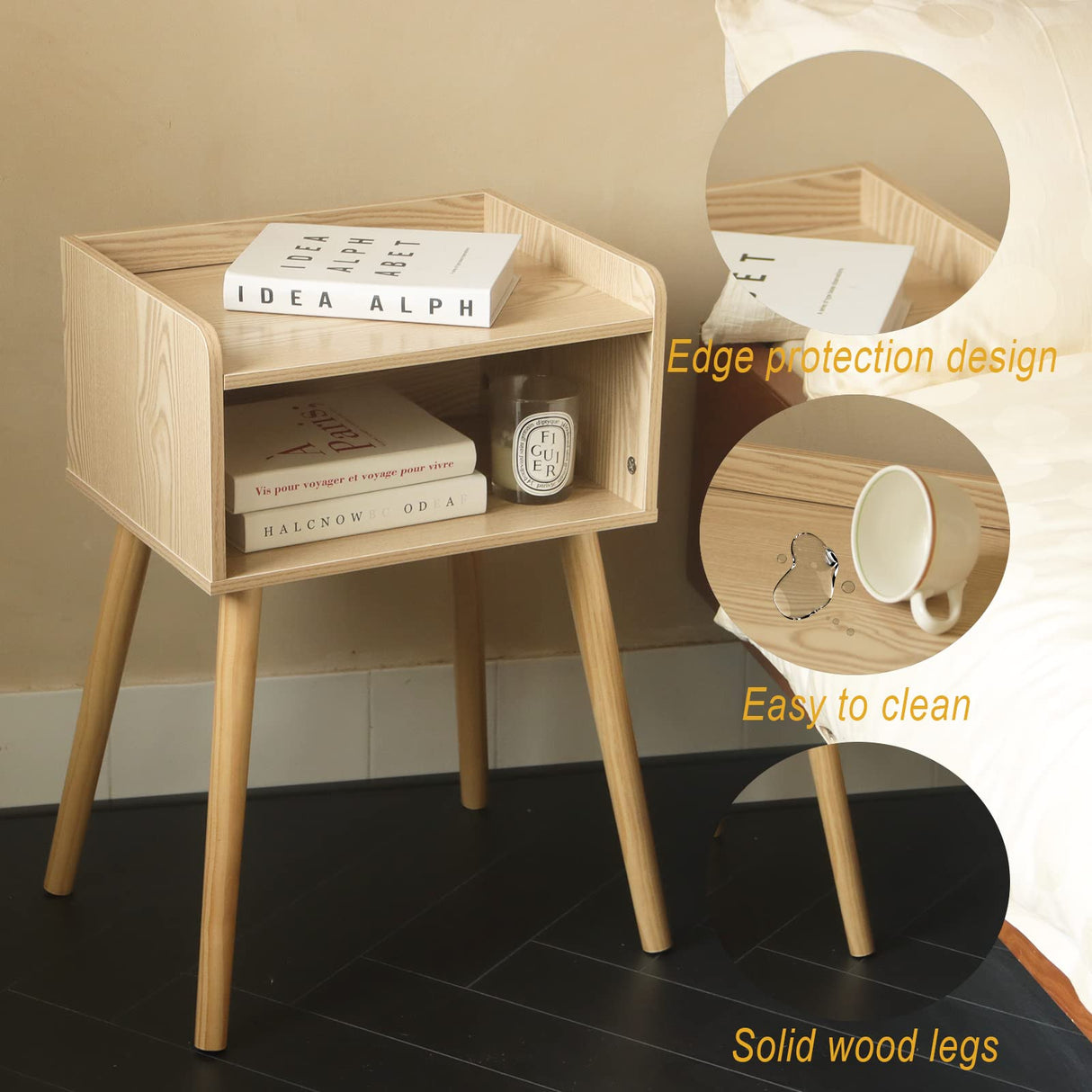 MaxSmeo Nightstand, Mid Century Modern Side Table Bedroom with Storage, Small End Bedside Table with Solid Wood Legs for Living Room, Office Small Spaces (Natural) MaxSmeo