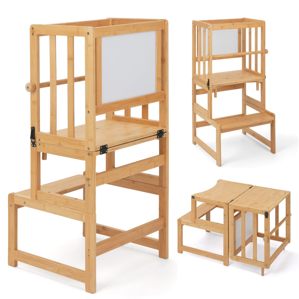 COSYLAND 3-in-1 Toddler Standing Tower with Whiteboard, Kids Kitchen Step Stool Convertible into Desk Table and Chair, Toddler Kitchen Stool Helper with CPC,SOR and CE Certified - Natural COSYLAND