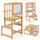 COSYLAND 3-in-1 Toddler Standing Tower with Whiteboard, Kids Kitchen Step Stool Convertible into Desk Table and Chair, Toddler Kitchen Stool Helper with CPC,SOR and CE Certified - Natural COSYLAND