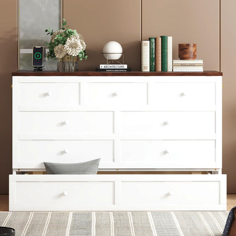 Queen Size Murphy Bed Cabinet, Murphy Bed Cabinet with Storage Drawer and Charging Station, USB Port, Solid Pine Wood Murphy Bedframe for Home Office Studio Guest Room, White Walnut RuiSiSi