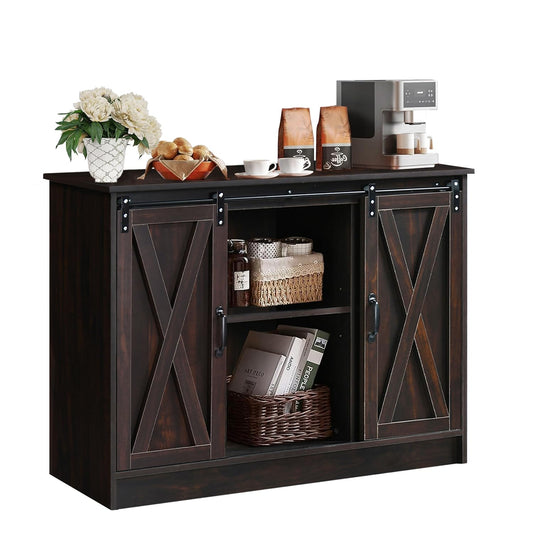 4 EVER WINNER Coffee Bar Cabinet with Storage, 42” Sideboard Buffet Cabinet with Sliding Barn Doors, Farmhouse Coffee Bar Station Table Liquor Wine Bar Cabinet with Shelves for Kitchen, Espresso