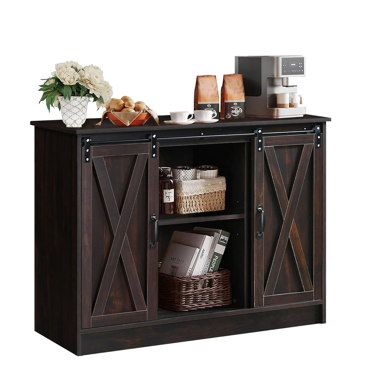 4 EVER WINNER Coffee Bar Cabinet with Storage, 42” Sideboard Buffet Cabinet with Sliding Barn Doors, Farmhouse Coffee Bar Station Table Liquor Wine Bar Cabinet with Shelves for Kitchen, Espresso 4 EVER WINNER