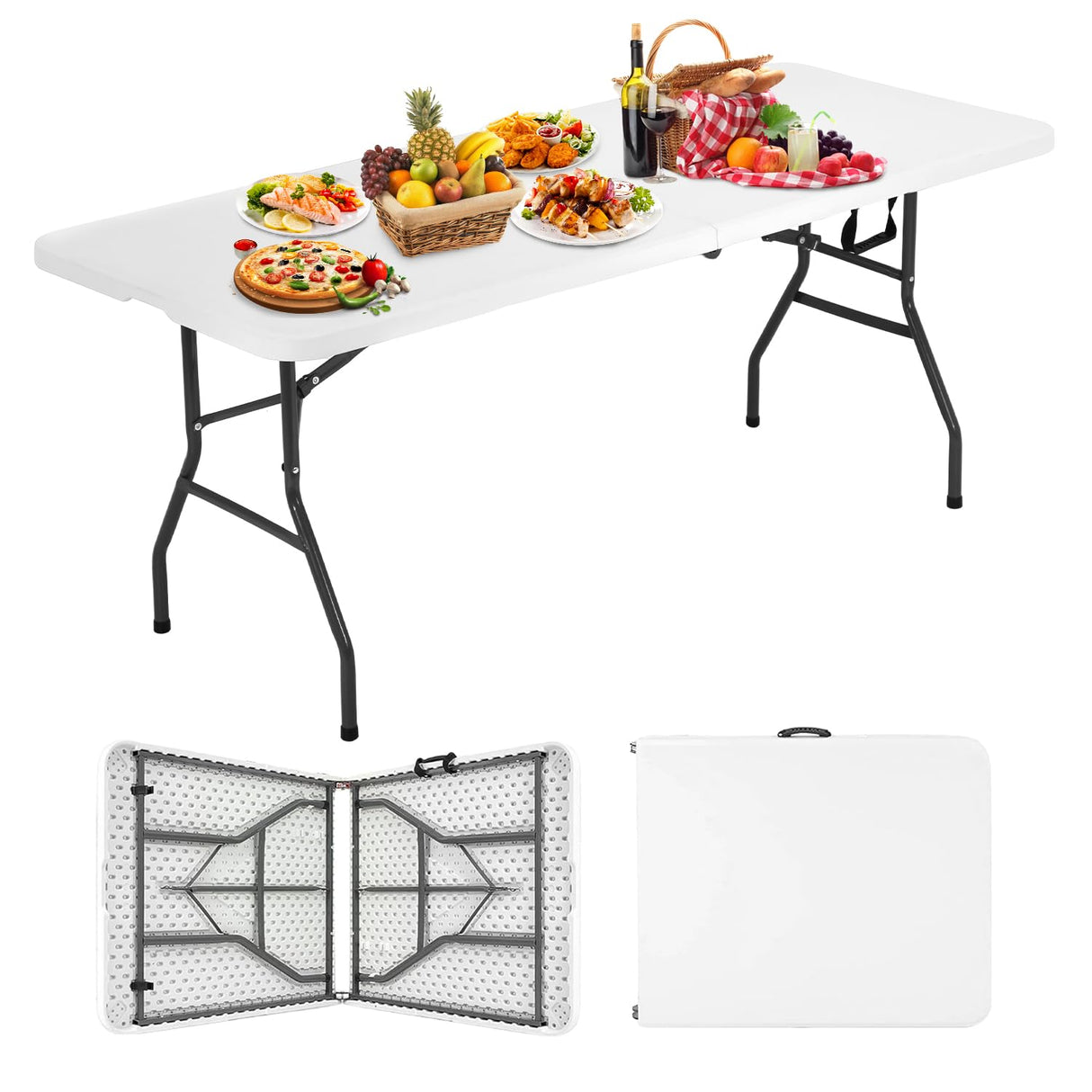 Folding Table 6FT Portable Heavy Duty Plastic Camping Table Foldable Table Plastic Dining Table Indoor Outdoor for Camping, Picnic and Party, White Dopinmin