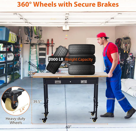 Adjustable Workbench with Drawer Storage 60" - Heavy Duty Rubber Wood Top Worktable, Rolling Workstation with Power Outlet & Lockable Wheels, 2000 Lb Capacity Hardwood Workbench for Garage, Workshop Euker