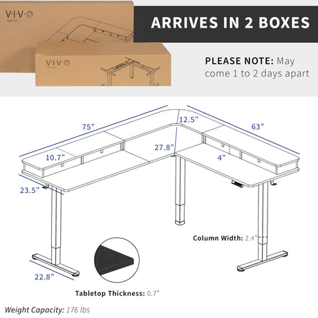 VIVO Electric 2-Tier Height Adjustable 75 x 63 inch Stand Up Corner Desk, L-Shaped Mobile Table with Memory Controller, Black Table Top, Black Frame, Dark Gray Storage Drawers, DESK-E3CVB-75 VIVO