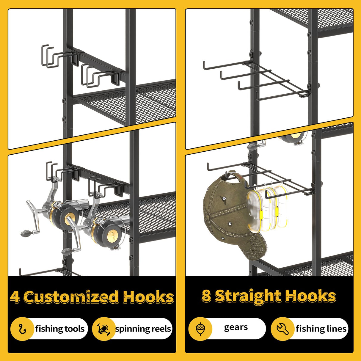 SOYEEZE Large Size Fishing Rod Holders for Garage, Heavy Duty 3-Tier Fishing Pole Rack Holds Up to 12 Rods, Fishing Gear Organizer with 2 Metal Baskets, Fishing Storage Cart with Lockable Wheels SOYEEZE