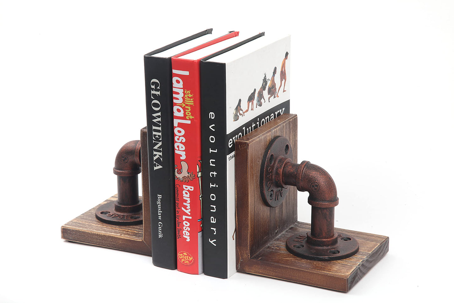 HOEMLIM Book Ends Wood Tabletop Bookends Rustic Industrial Decor, Heavy Duty Bookend Support for Books and Movies 1 Pair(Red Bronze)