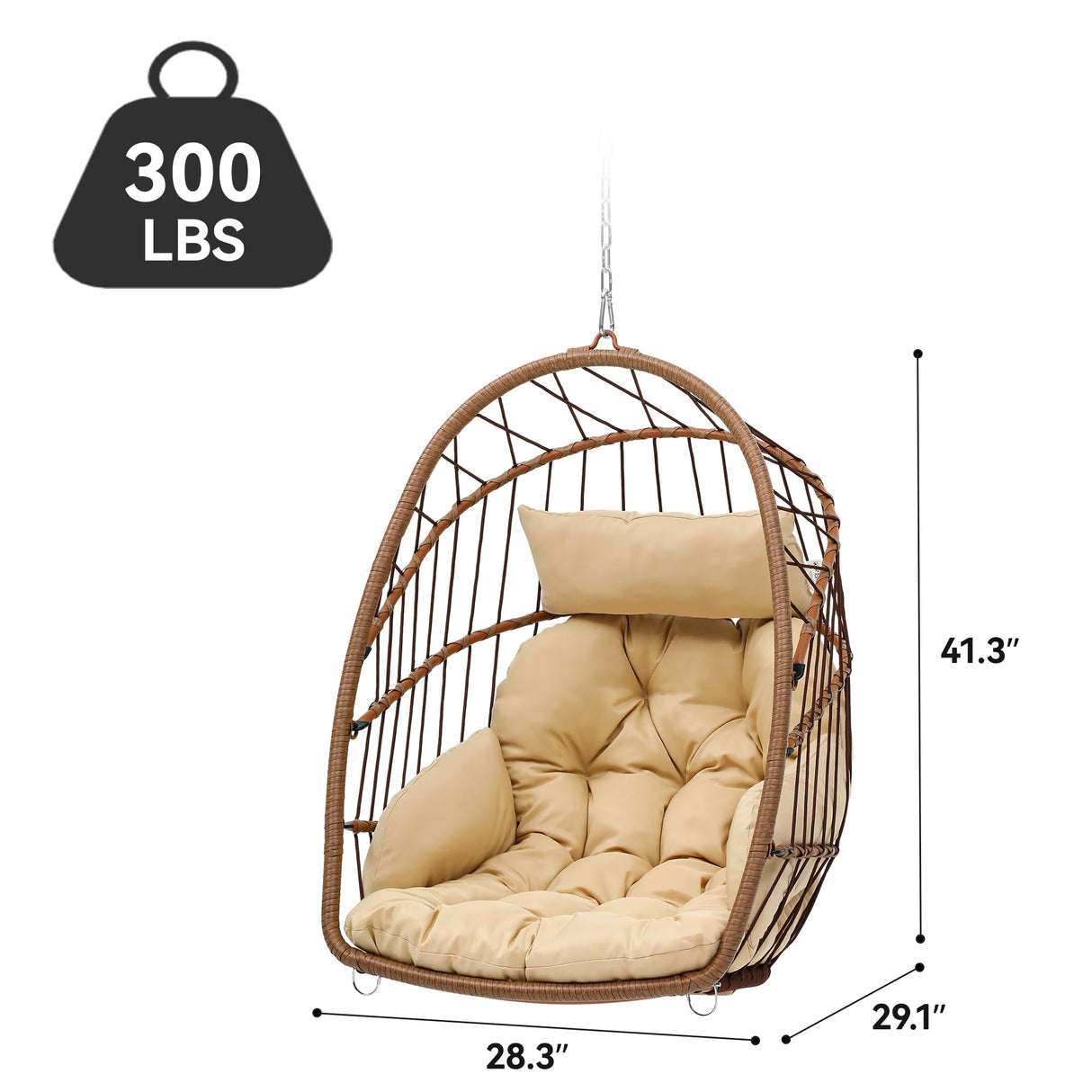 YITAHOME Hanging Egg Chair, Patio Wicker Hammock Egg Chair Basket Chair Swing with Cushion, Outdoor 330lbs Rattan Egg Outdoor Swing Chair for Balcony Garden Bedroom, Beige (Stand not Included) YITAHOME