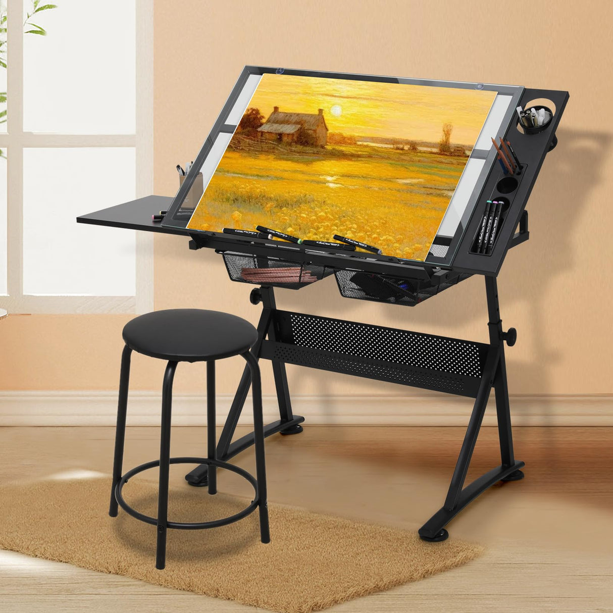 SFIHOME Adjustable Drafting Table & Stool Set, Art Desk with Additional Slide-Out Table Design, Versatile Drawing Table with Storage, for Art, Drafting and Creative Tasks, Black SFIHOME