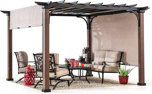 Sunjoy Outdoor Pergola 11 x 11 ft. Black Steel Pergolas with Retractable Tan Sun Shade Canopy for Patio, Backyard, Garden Activities by SummerCove