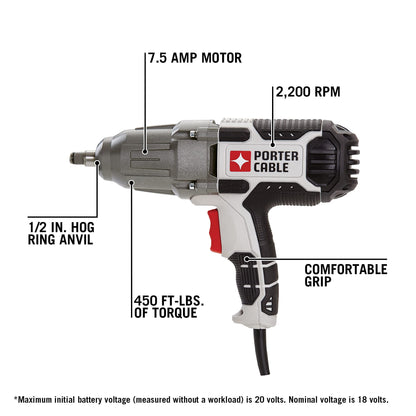 PORTER-CABLE Impact Wrench, 450 lbs of Torque, 1/2 Inch Hog Ring, 7.5-Amp, Corded (PCE211) - WoodArtSupply