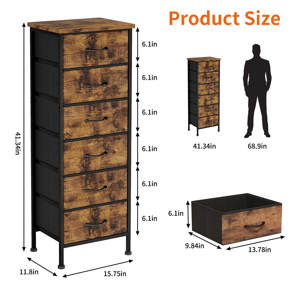 Fixwal Tall Dresser for Bedroom Closet Organizers and Storage Tall Fabric Dresser with 6 Drawers, Small Clothes Storage Girl Bedroom Furniture, Rustic Brown Fixwal