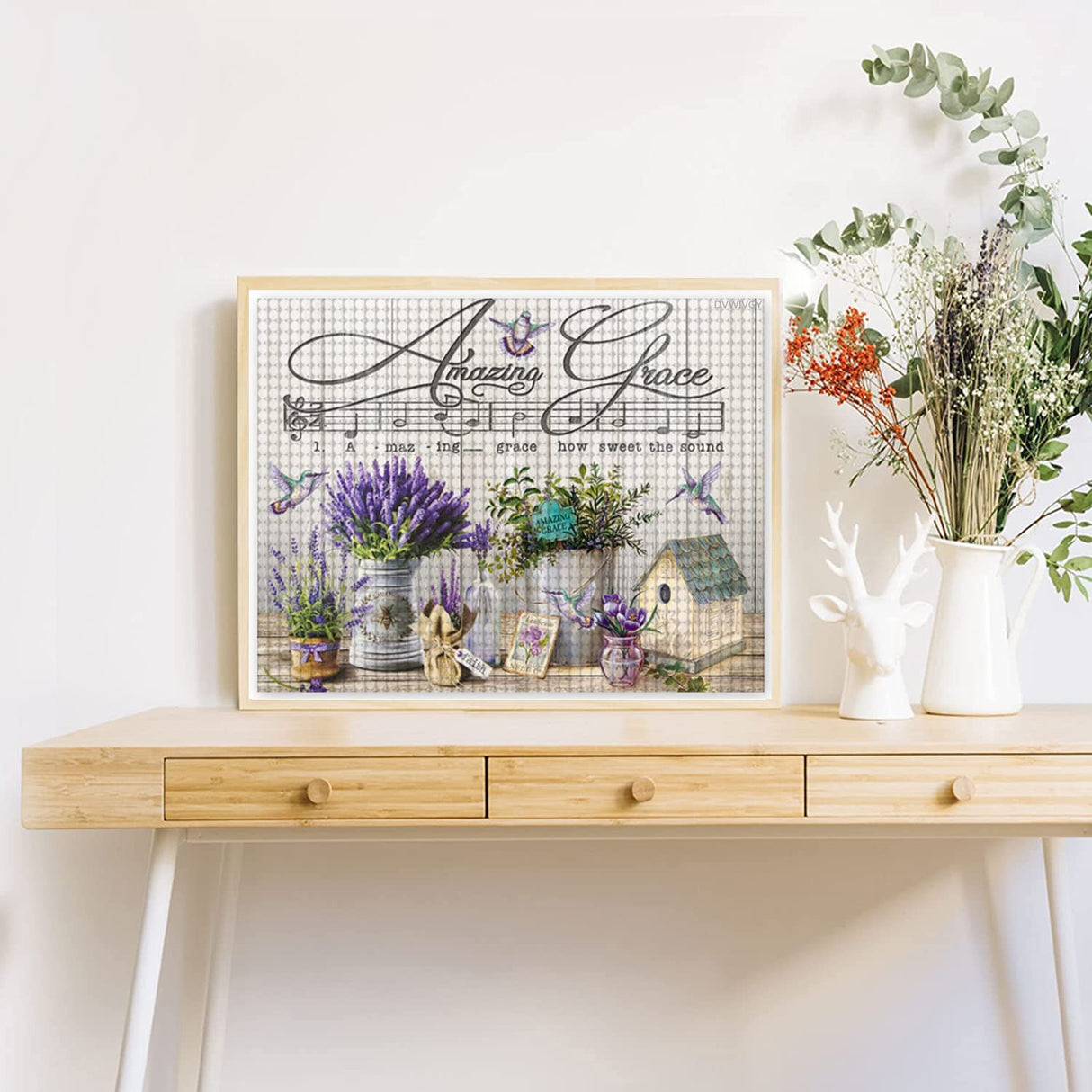 DVWIVGY 5D Diamond Painting by Number Kit for Adult DIY Christian Hymn Lavender Flowers Hummingbird Round Full Drill Diamond Art Kits Craft Paintings for Home Wall Decor 16x12 Inch DVWIVGY