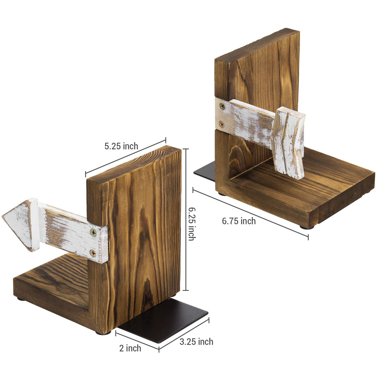 MyGift Rustic Book End, Whitewashed Arrow Design and Burnt Dark Brown Wood Tabletop Bookend Support Stands, Set of 2 MyGift
