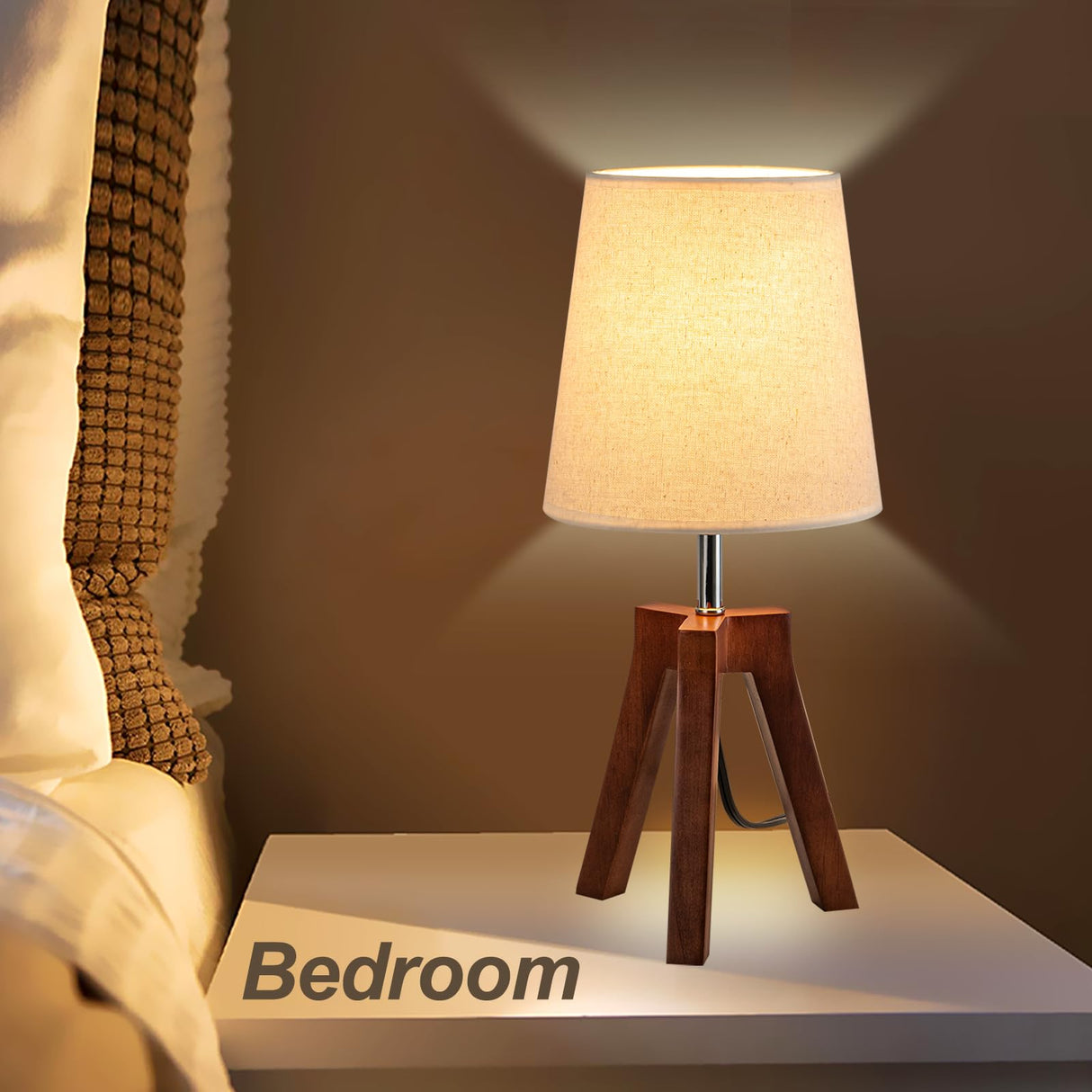 Dreamholder Wood Bedside Table Lamp, Tripod Desk Lamp with On-Off Switch, Nightstand Lamp with Fabric Shade for Reading, Bedroom, Living Room, Office, Walnut Base with Linen Shade(Without Bulb) Dreamholder