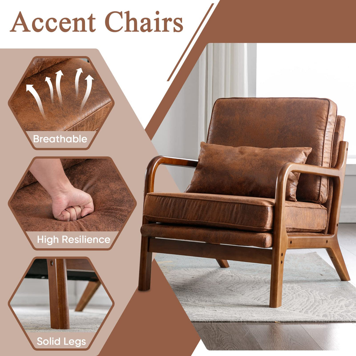 Mid Century Modern Accent Chair Set of 2 Living Room- Comfy Solid Wood Arm Chair with Lumber Pillow Lounge Decorative Brown Leather Office Side Chair Bedroom Reading Nook Sillas De Sala Microfiber Deolme