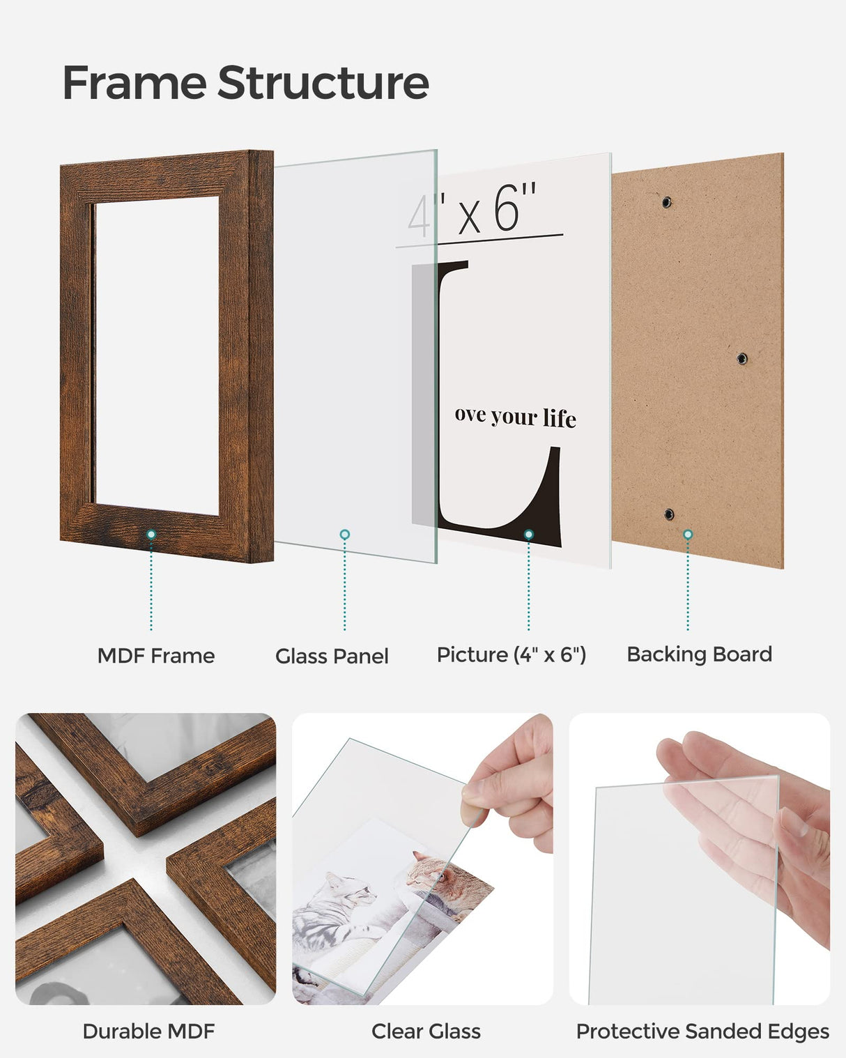 SONGMICS 4x6 Collage Picture Frames, 12-Pack Picture Frames Collage for Wall Decor, Rustic Brown Photo Collage Frame, Multi Picture Frame Set with Glass Front, Assembly Required SONGMICS