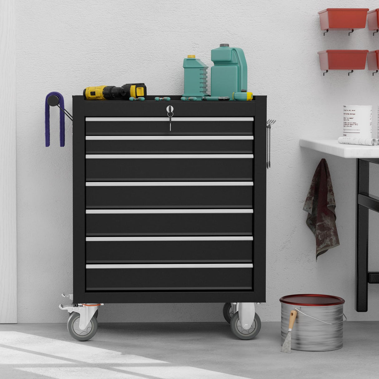 7-Drawers Rolling Tool Chest Tool Box Organizer with Lockable, Metal Rolling Tool Cart Tool Storage Toolbox, Tool Cabinet Rolling Tool Box with Drawers for Garage, Workstation, Workshop, Home Repair CMFYDAILY