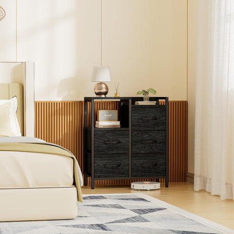 Furnulem 5 Drawer Black Dressers for Bedroom 2 Tier Shelf Storage Small Fabric Dresser for Closet Sturdy Metal Frame Modern Dresser Bedroom Dresser with Drawers for Hallway Rooms Furnulem