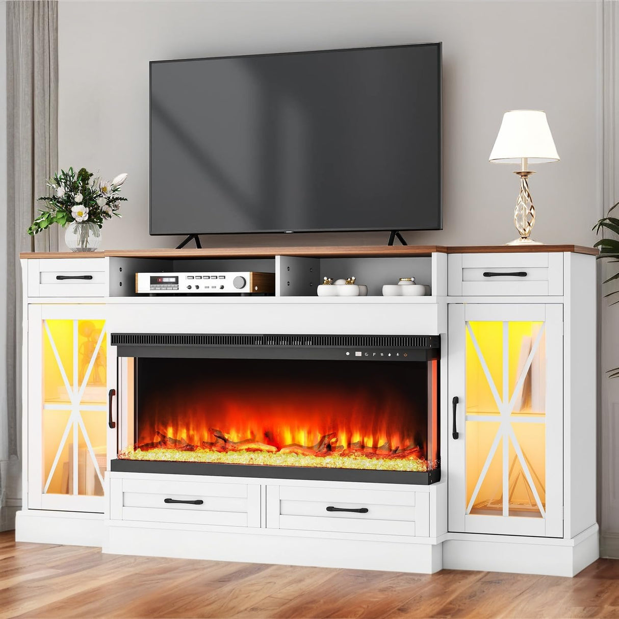 YITAHOME Fireplace TV Stand for 75/80 Inch TV, Entertainment Center with 3 Sided Glass Electric Fireplace & LED Strip, TV Console with Glass Door & Power Outlet for Living Room (White) YITAHOME