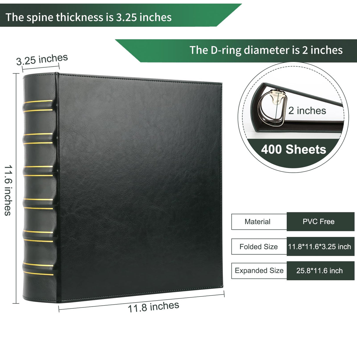Vintage 3 Ring Binder, 2 Inch Capacity D Ring Leather Binder, Classical Collection Executive Presentation View Binder with Pocket, Professional Binder Organizer Planner (Holds 400 Sheets), Dark Green LETVPVOW