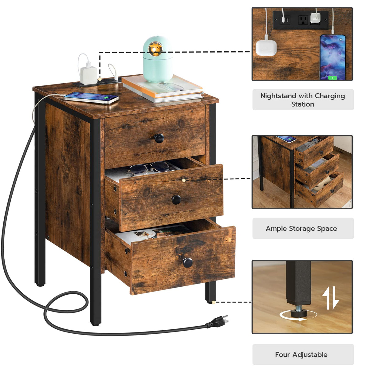 HOOBRO Nightstand with Charging Station, Side Table with 3 Drawers and Storage Shelf, End Table with USB Ports, Retro Industrial Style Bedside Table, for Living Room, Bedroom, Rustic Brown BF461BZ01G2 HOOBRO