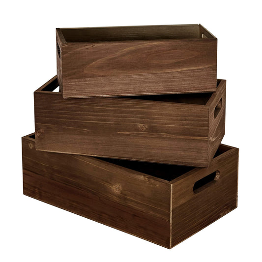 Steezu Nesting Wood Storage Boxes, Burnt Umber Stained Wooden Crate, Use as a Decorative Box, Rustic Decor Piece, Kitchen Storage and More, Wooden Box Set of 3