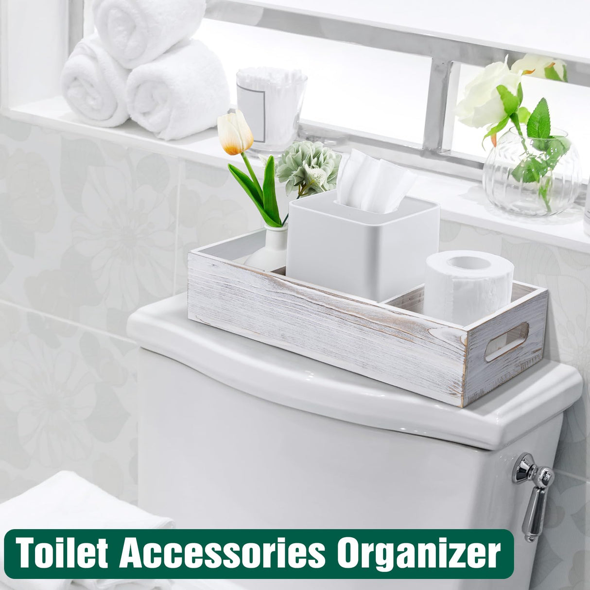 14 Inch Farmhouse White Bathroom Basket with Removable Dividers - 3 Comparments Wood Toilet Paper Basket for Back of Toilet Tank Topper - White Storage Organizer for Bathroom Pantry Organization dreamkey