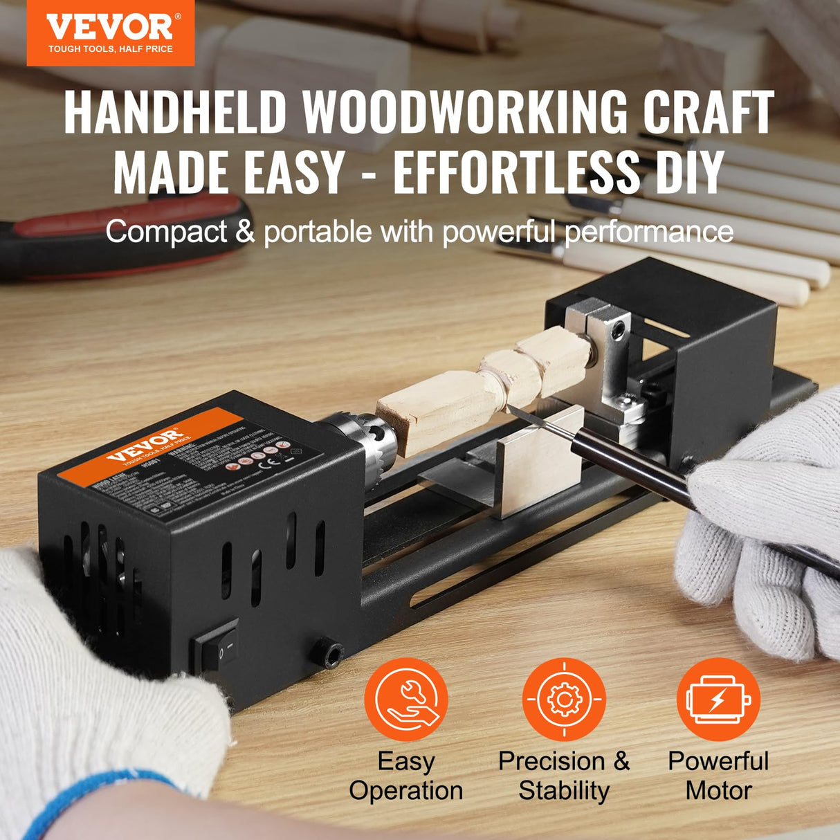 VEVOR Mini Lathe Machine, 2.76 in x 6.3 in, 24VDC 96W Mini Wood Lathe Tools Milling Machine Accessories, 7 Speeds 4220/5300/5650/6350/6660/7050/8450 RPM, for DIY Woodworking Wood Drill Rotary Tool VEVOR