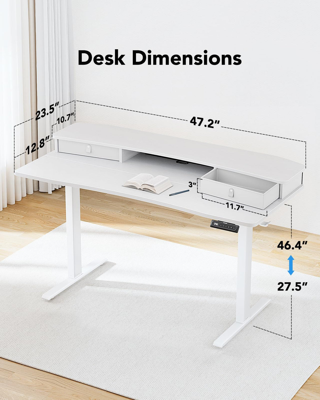 HUANUO 48″ x 24″ Electric Standing Desk with 2 Drawers, C-Clamp Mount Compatible, Height Adjustable Computer Desk, Home Office Stand Up Desk with 4 Preset Heights & 2 Hooks, White HUANUO