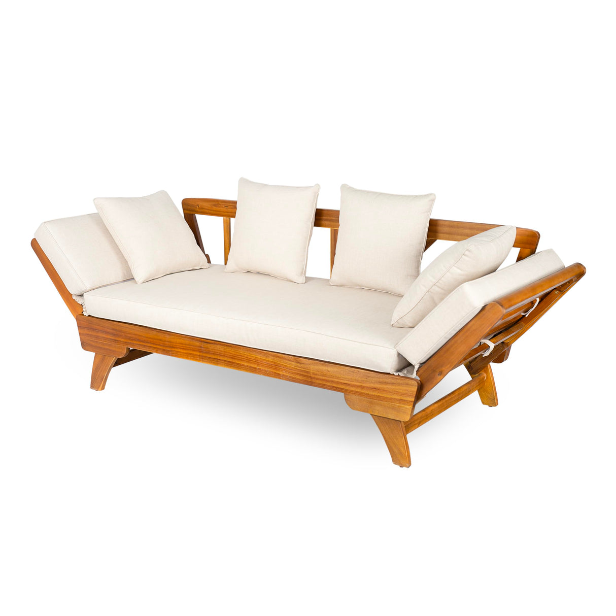 Christopher Knight Home Gary Patio Convertible Couch, Wooden Outdoor Daybed, 3-Seater Acacia Wood Patio Furniture Lounge Sofa for Backyard/Poolside/Garden, Back Pillow+Removable Cushion, Teak+ Beige Christopher Knight Home