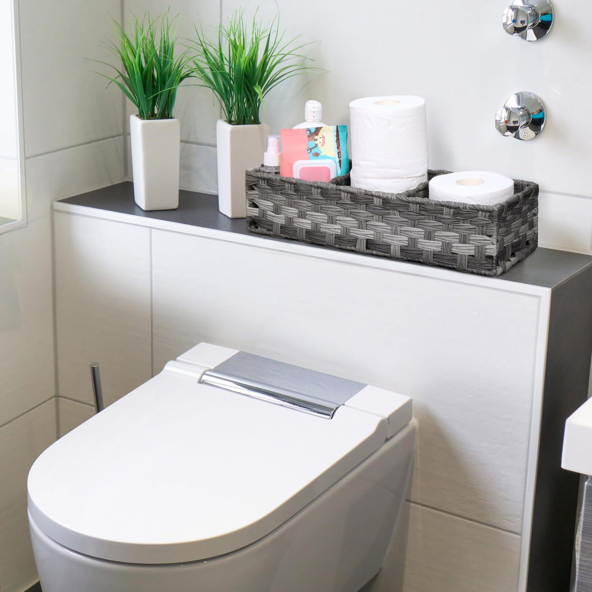 [Larger Compartments] Toilet Tank Topper Paper Basket - Multiuse Hand Woven Plastic Wicker Basket with Divider for Organizing, Rustic Farmhouse Bathroom Decor, Countertop Organizer Storage, Grey AOZITA