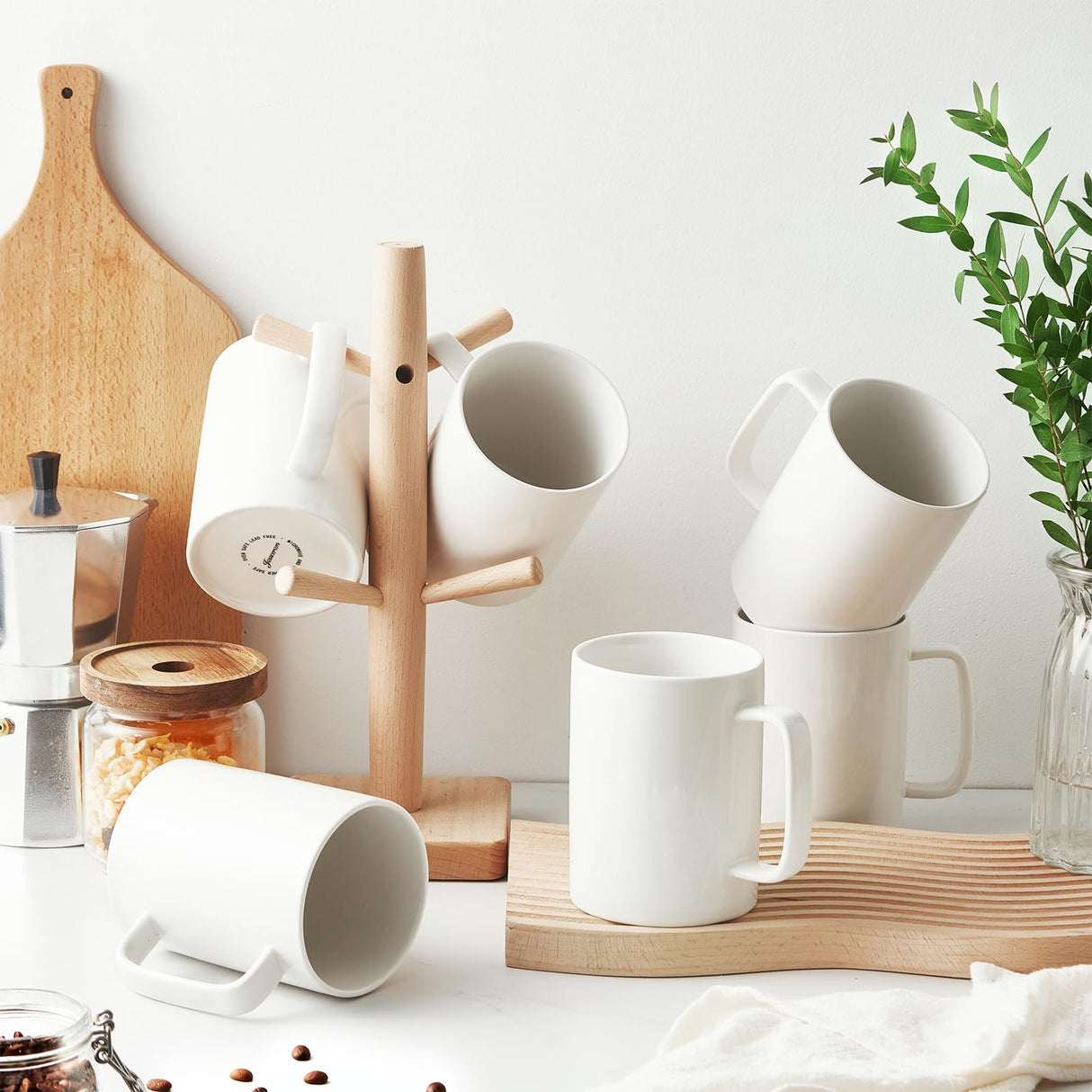 Jassceram Coffee Mugs Set of 6, 18 Ounce Porcelain Mugs for Latte, Hot Tea, Cappuccino, Cocoa and Milk, Ceramic Coffee Cups with Large Handle - Dishwasher & Microwave Safe, White Jassceram