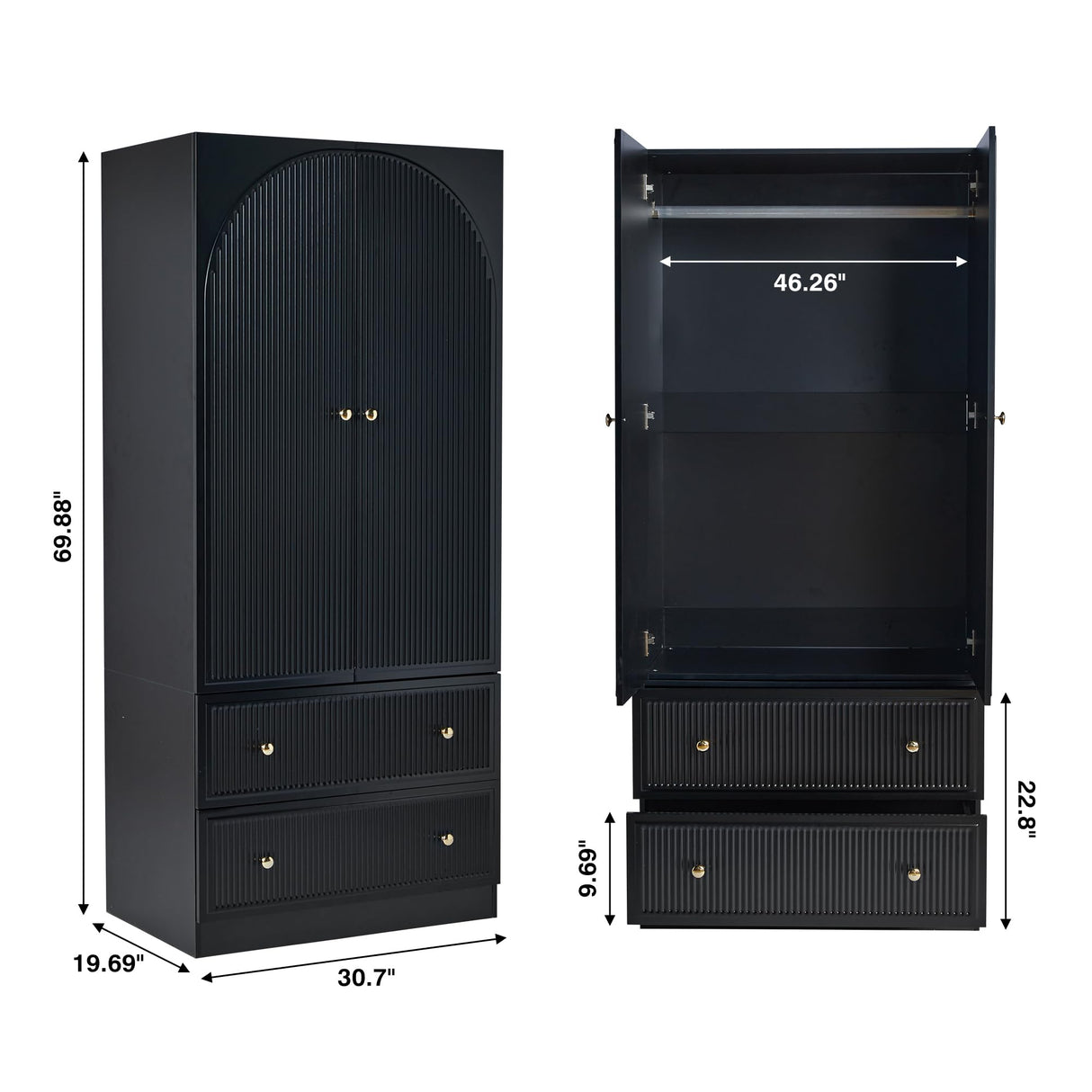 ORRD Black Freestanding Armoire Wardrobe Closet with 2 Doors and 2 Storage Drawers, Large Capacity Wardrobe Cabinet, Wooden Closet for Bedroom ORRD