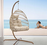 NICESOUL Hanging Egg Chair with Stand Indoor Outdoor, Comfy Patio Rattan Swing Hammock Chairs with Cushion, 350lbs Capacity Egg Shaped Chair for Lawn Backyard Balcony Bedroom, Birthday Gift, Beige NICESOUL