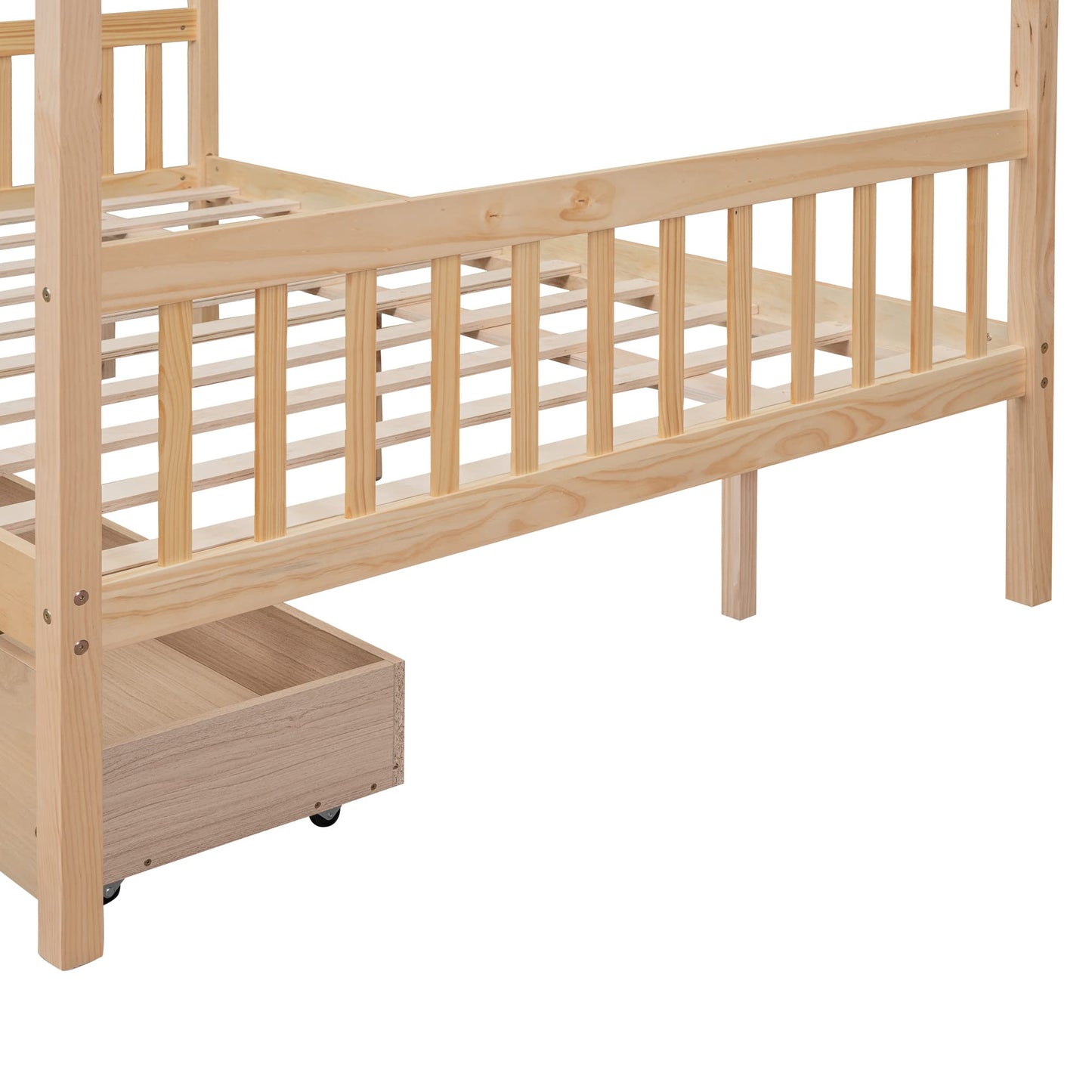 BOVZA Full Size Wooden House Bed with Storage Drawers for Kids - Natural Montessori Design