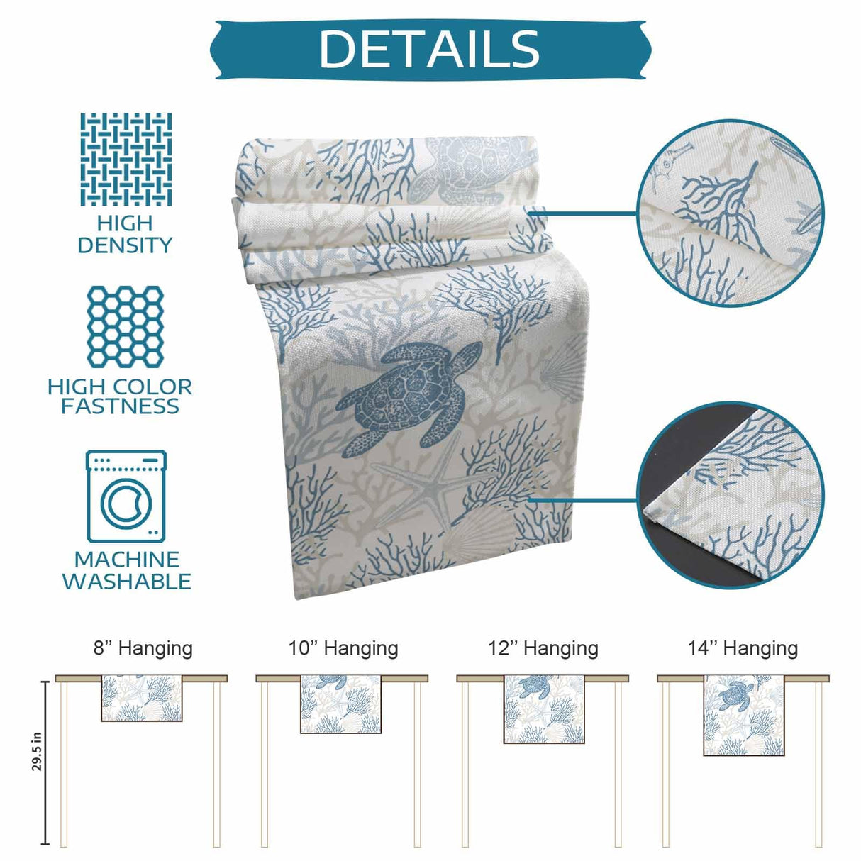 Blue Grey Coastal Table Runner 70 Inches Long, Summer Beach Nautical Farmhouse Dress Scarves, Sea Turtle Ocean Coral Dining Tablerunner for Coffee Table/Kitchen Island/Party Décor, 13" x 70" Seven Roses
