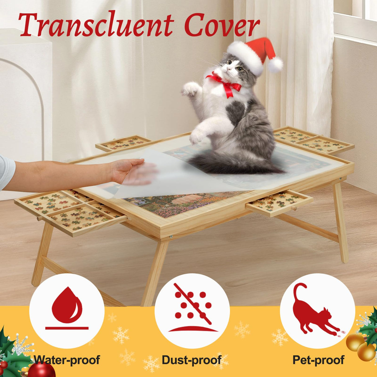 YKHALLYBEE Puzzle Table 1500 Pieces Wooden Jigsaw Puzzle Board with Legs, 34.3”x 26.5” Puzzle Board with 4 Drawers and Cover, Foldable Leg Puzzle Table for Adults Natural HALLYBEE