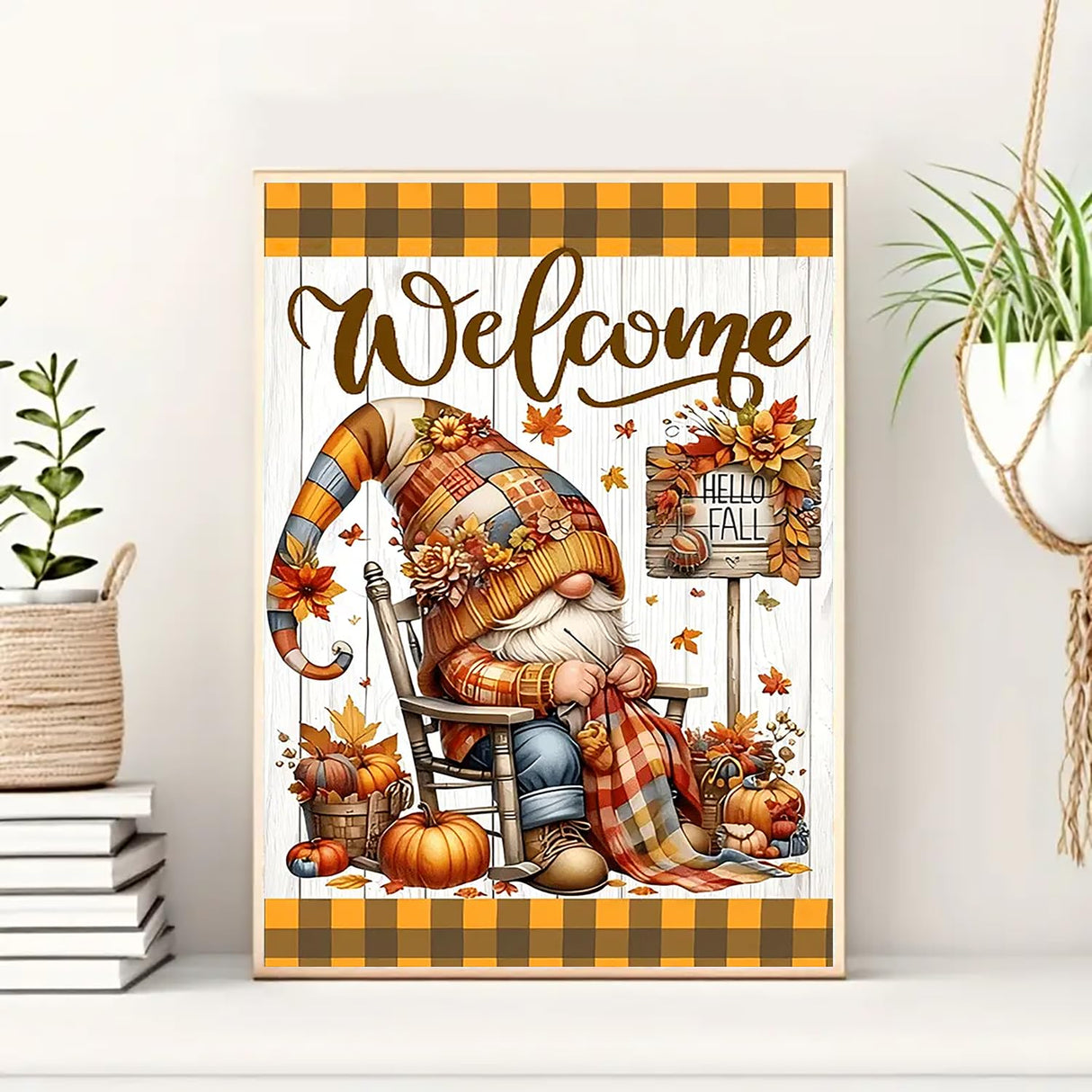 Hello Fall Gnome Sewing Diamond Art Kits for Adults, 5D Diamond Painting Kits for Adults Beginners, DIY Full Round Drill Diamond Dot Painting Gem Art Kits for Adult, Home Wall Decor 11.8x15.7 Inch VCLKDIY