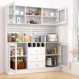 VOWNER Kitchen Hutch Cabinet, Pantry Cabinet, Freestanding Buffet Hutch with Pegboard, Cup Holder, Power Outlet, 4 Doors & 3 Drawers, Cupboard with Microwave Shelf & Wine Racks (White) VOWNER